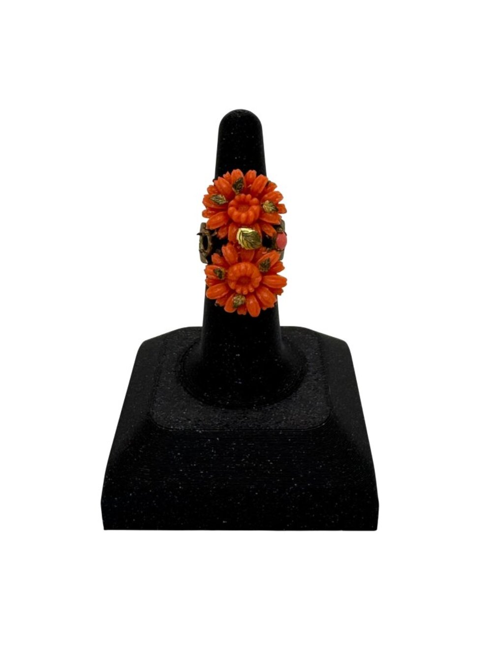 Vintage Carved Celluloid Faux Coral Adjustable Floral Ring Orange Flower Estate